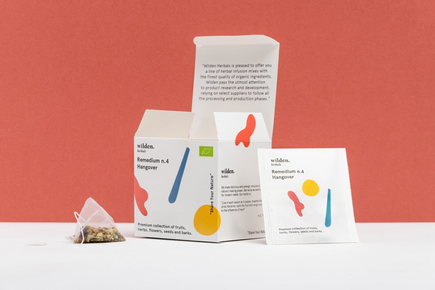 Square open package of herbal infusion Remedium Hangover with single tea bag and herbs